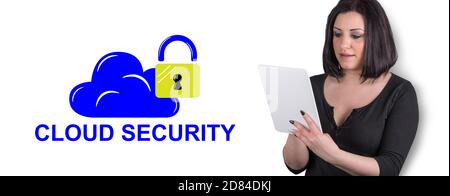 Woman using digital tablet with cloud security concept on background Stock Photo