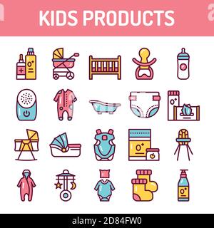 Kids products color line icons set. Isolated vector element. Outline pictograms for web page, mobile app, promo Stock Vector