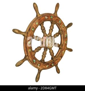 Vintage wooden ship steering wheel isolated on a white background Stock ...