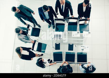 top view. group employees go to the conference room Stock Photo