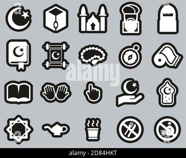 Islamic Religion & Culture Icons White On Black Sticker Set Big Stock Vector
