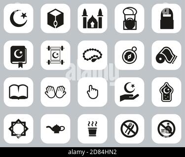 Islamic Religion & Culture Icons Black & White Flat Design Set Big Stock Vector
