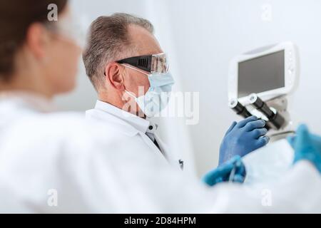 close up. Microbiology scientists work in the laboratory . Stock Photo