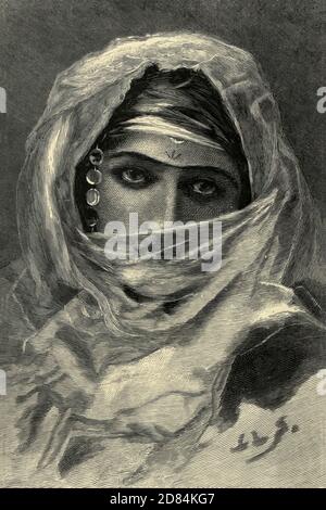 wood engraving of a portrait of a young Cairene woman in traditional headscarf From the book 'Picturesque Palestine, Sinai and Egypt : social life in Egypt; a description of the country and its people' with illustrations on Steel and Wood by Wilson, Charles William, Sir, 1836-1905; Lane-Poole, Stanley, 1854-1931. Published by J.S. Virtue in London in 1884 Stock Photo