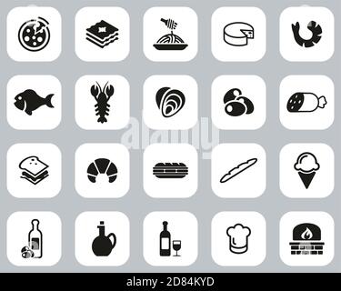 Italian Traditional Food & Culture Icons Black & White Flat Design Set Big Stock Vector