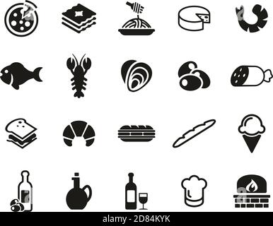 Italian Traditional Food & Culture Icons Black & White Set Big Stock Vector
