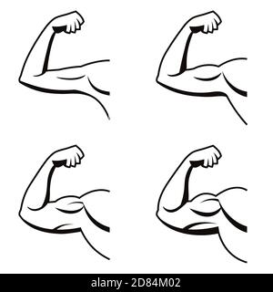 Vector set of strong arms with contracted biceps. Illustration of muscles in black and white style. Gym logo. Stock Vector