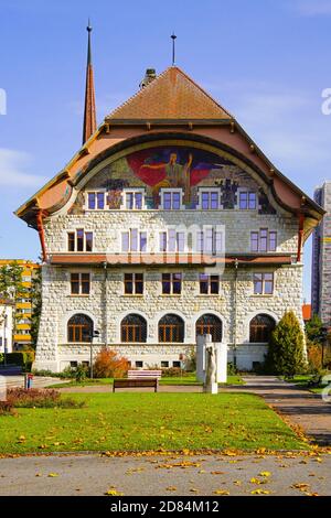 View of Art Nouveau Guild Hall in Le Locle municipality. Locle District in the Canton of Neuchâtel in Switzerland. It is the third smallest city in Sw