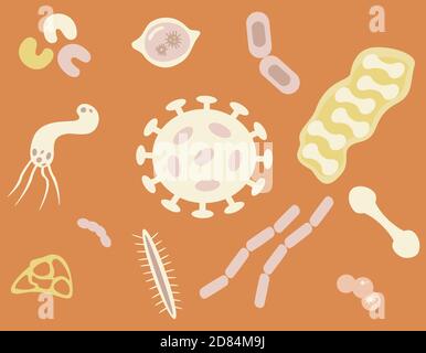 Vector set of microorganisms. Different bacteria and germs in flat style. Stock Vector