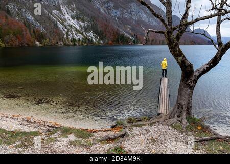 Woman standing on wooden pier on lake Bohinj in autumn, Slovenian national park Triglav Slovenia Stock Photo
