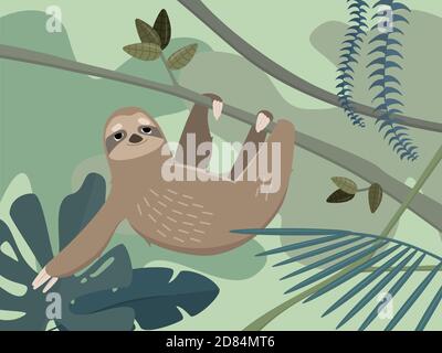 Cute sloth in jungle rainforest. Colorful Illustration in flat style. Stock Vector