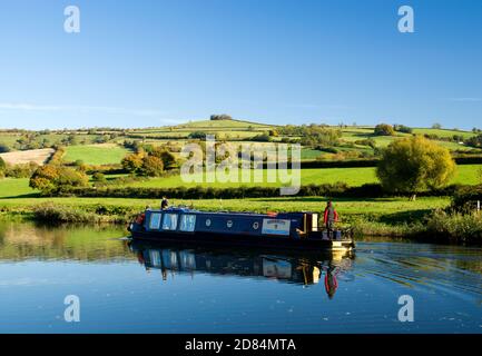 Narrow boat on River Avon from Mead Lane, Saltford with Kelston Hill in the distance, Bath, Somerset. Stock Photo