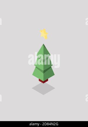 Isometric three-dimensional christmas tree with a star on the top. Stock Vector
