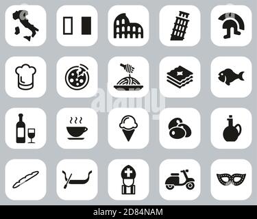Italy Country & Culture Icons Black & White Flat Design Set Big Stock Vector