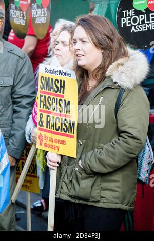 London, United Kingdom, November 17th 2018:- The Stand Up To Racism march through central London from the BBC to near Downing Street in Whitehall Stock Photo