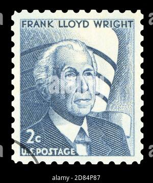 UNITED STATES OF AMERICA - CIRCA 1965: A stamp printed in USA shows Frank Lloyd Wright 1867-1959 and Guggenheim Museum, architect, circa 1965 Stock Photo