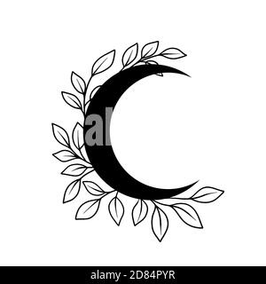 Floral moon vector frame. Tatoo doodle wreath. Boho celestial frame. Vector illustration Stock Vector