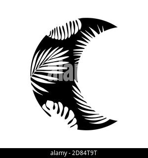 Tropical moon. Floral crescent black on white. Boho ornament element. . Vector illustration Stock Vector