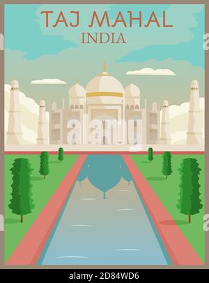 Illustration vector design of retro and vintage travel poster of Taj Mahal, India Stock Vector