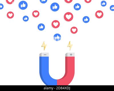 The power of marketing in social media - like and love pictograms, that drags customer with magnetic field in one simple illustration. Stock Vector