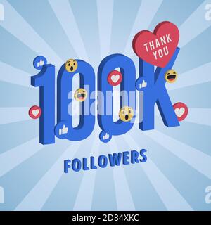 Social media banner with thank you for 100k followers. Blue card with 3D Thank you celebrate all subscribers or followers with simple post. Stock Vector