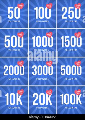 Social media banner with thank you for 50–100K followers. Blue card with Thank you celebrate all subscribers or followers with simple post. Stock Vector