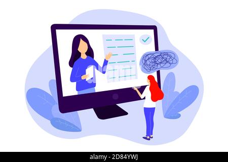 Online psychology consultation via internet concept. Remote psychological assistance flat style vector illustration. Stock Vector