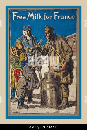 Vintage 1900’s World War 1 Propaganda Poster :” Free milk for France”  by artist F. Luis Mora. 1874-1940, artist Date Created/Published: N[ew] Y[ork] : The W. F. Powers Co., Litho., [1918] (poster) : lithograph, color  Poster showing an American soldier ladling out milk for French children during WW1 Stock Photo