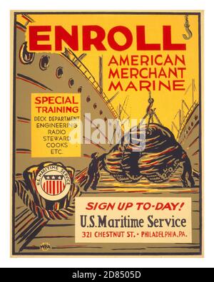 Vintage WW2 Propaganda Recruitment Poster USA Enroll American Merchant Marine Special training - deck department, engineering, radio, steward, cooks, etc. : Sign up to-day! World War II ,Glenn Stuart Pearce 1909-, artist Philadelphia, Pa. : War Services Project, [between 1941 and 1943] Poster encouraging skilled laborers to sign up at the U.S. Maritime Service, 321 Chestnut St. Philadelphia, Pa., as part of the war effort, showing longshoremen loading tank on ship. Stock Photo