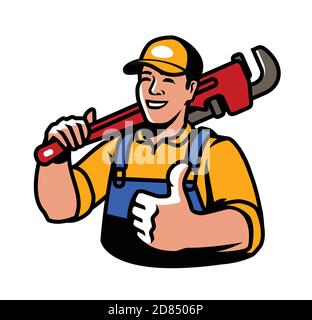 Builder with plumbing wrench symbol. Construction, plumber vector illustration Stock Vector