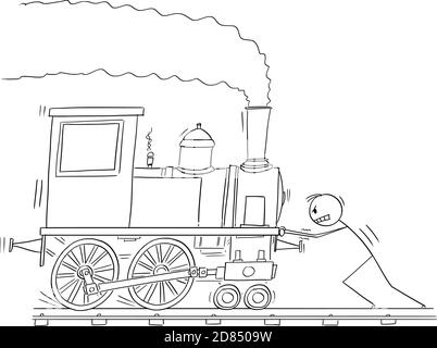 Vector cartoon stick figure illustration of man pushing steam railroad train engine or locomotive. Stock Vector