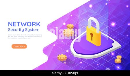 3d Isometric Web Banner Padlock with Keyhole Icon on Abstract Network Background. Network Security System Technology Concept. Stock Vector