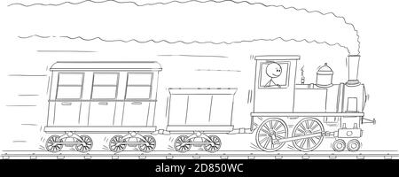 Vector cartoon stick figure illustration of man or engineer driving steam train engine or locomotive running on railroad track. Attached are coal tender and passenger wagon or car. Stock Vector