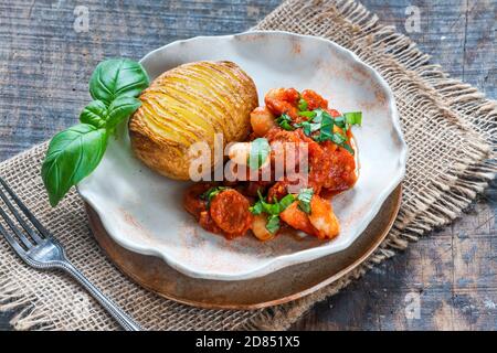 Chorizo and butterbean stew with baked jacket potato Stock Photo