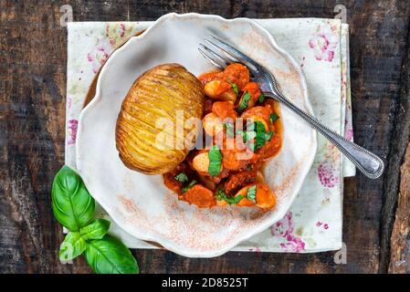 Chorizo and butterbean stew with baked jacket potato - overhead view Stock Photo