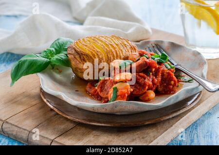 Chorizo and butterbean stew with baked jacket potato Stock Photo