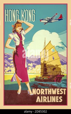 Vintage retro travel airline poster Hong Kong - Northwest Airlines 1950s 1960s print (poster)  lithograph, color  Poster shows a stylish woman standing on a quay. To the right is a typical Chinese junk, behind her is Hong Kong, and overhead flies a Northwest Airlines airplane. Typical 50s 60s fashion style travel