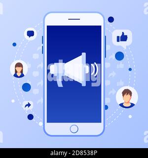 Social media marketing concept with megaphone. Public relations advertising. Flat style design with gradient. Modern vector. Stock Vector