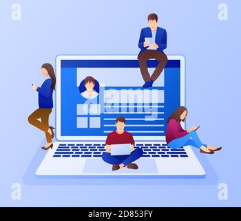 Social media marketing concept with people on laptop. Public relations advertising. Flat style design with gradient. Modern vector. Stock Vector