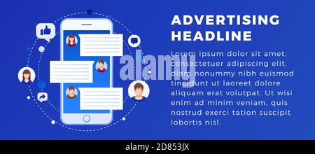 Website advertising banner with mobile phone, chat and people icons. Ideal as social media marketing concept. Flat style design with gradient. Modern Stock Vector