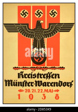 Vintage 1930's Nazi propaganda poster issued  Nazi Germany - NSDAP-Kreistreffen in Munster-Warendorf - 20- 22.05.1938 - NSDAP meeting in Munster-Warendorf. 20-22 May 1938. Image of a Nazi eagle holding a swastika. The National Socialist German Workers' Party (abbreviated in German as NSDAP), commonly referred to in English as the Nazi Party, was a far-right political party in Germany that was active between 1920 and 1945, that created and supported the ideology of National Socialism. Its precursor, the German Workers' Party (Deutsche Arbeiterpartei; DAP), existed from 1919 to 1920. Stock Photo