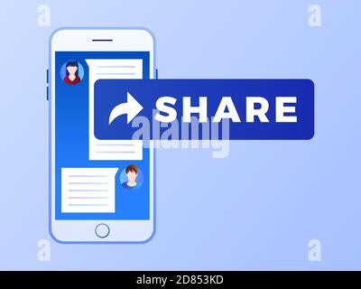 Blue share button on smart phone. Social media marketing concept. Flat style design with gradient. Modern vector. Stock Vector