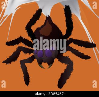 Hairy spider hanging from above of its cobweb awaiting its prey, over orange background. Stock Vector