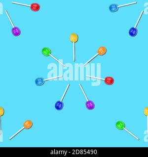 Seamless pattern of colorful lollipops grouped in a circles isolated on blue background. Stock Photo
