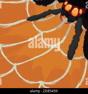 Fierce and hairy spider expecting for a prey in its cobweb, over orange background. Stock Vector