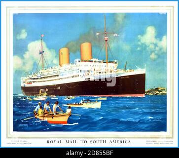 1920s CRUISE TRAVEL POSTER ROYAL MAIL TO SOUTH AMERICA  vintage travel poster advertising Royal Mail cruises to South America - artwork by Kenneth Shoesmith (1890-1939) features a variety of different boats sailing alongside a large black ship with red chimneys named Asturias. Horizontal UK, designer: Kenneth Shoesmith 1926 Stock Photo