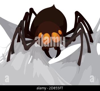 Brown spider with orange eyes and a extensive cobweb, over white background. Stock Vector