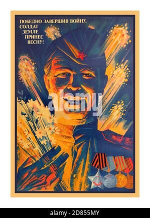 VICTORY DAY 1945 Soviet Vintage propaganda poster issued in the Soviet Union for Victory Day celebrations. Soviet soldier decorated with medals, fireworks in the background and text: Victoriously ending the war, soldier brought spring to his home! Victory Day is a holiday that commemorates the surrender of Nazi Germany in 1945. It was first inaugurated in the 15 republics of the Soviet Union, following the signing of the German Instrument of Surrender late in the evening on 8 May 1945 (after midnight, thus on 9 May Moscow Time). The Soviet government announced the victory early on 9 May 1945