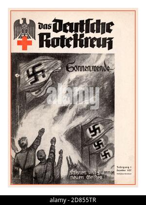 WW2 Nazi Red Cross vintage German propaganda front cover with Nazi Swastika Flags and Heil Hitler salutes ‘ Flags and Flames’    ‘New Help’ 1930s  German red cross cover magazine. Germany 1937 Stock Photo