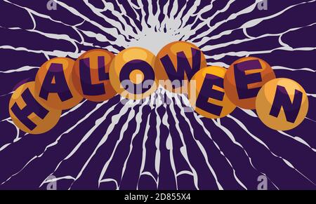 Greeting spheres forming the word for Halloween, trapped over a spider web. Stock Vector